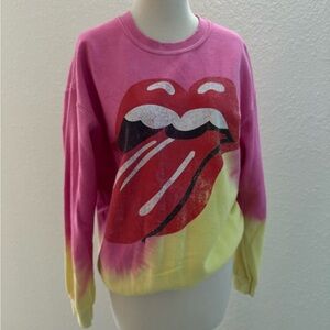 The Rolling Stones Crewneck Sweatshirt Women Small Pink Yellow Tie Dye Music EUC